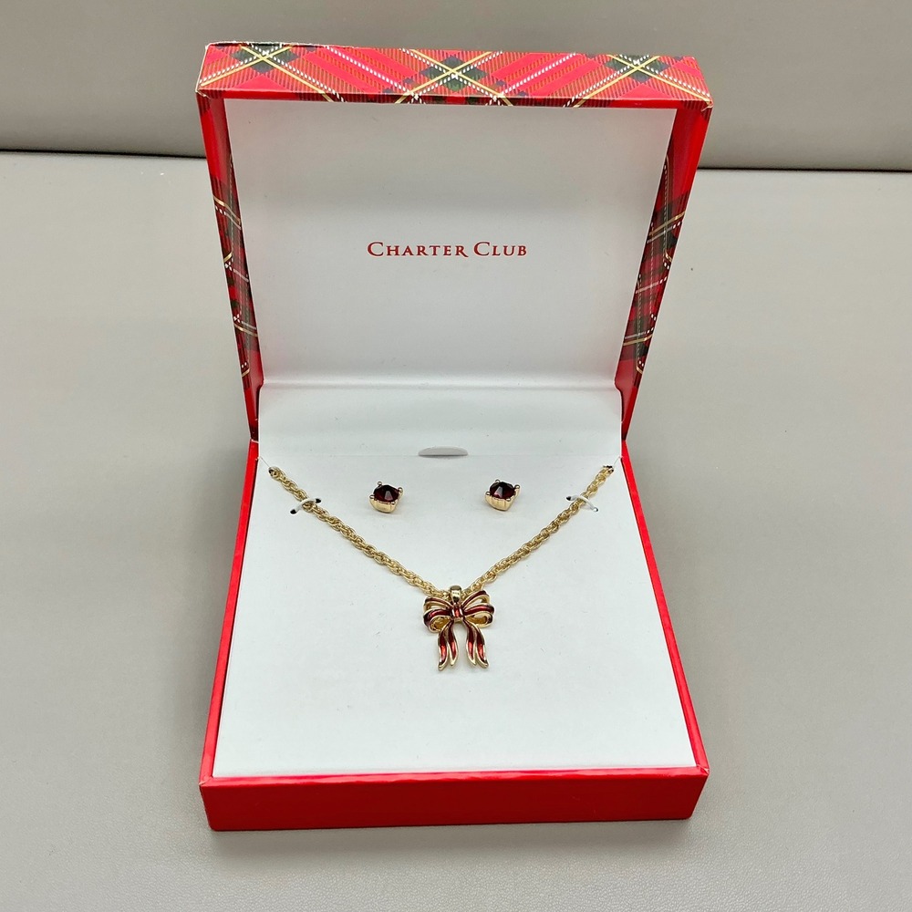 Charter Club Jewelry Set Womens Red Gold Bow Necklace Stud Earrings Holiday Gift